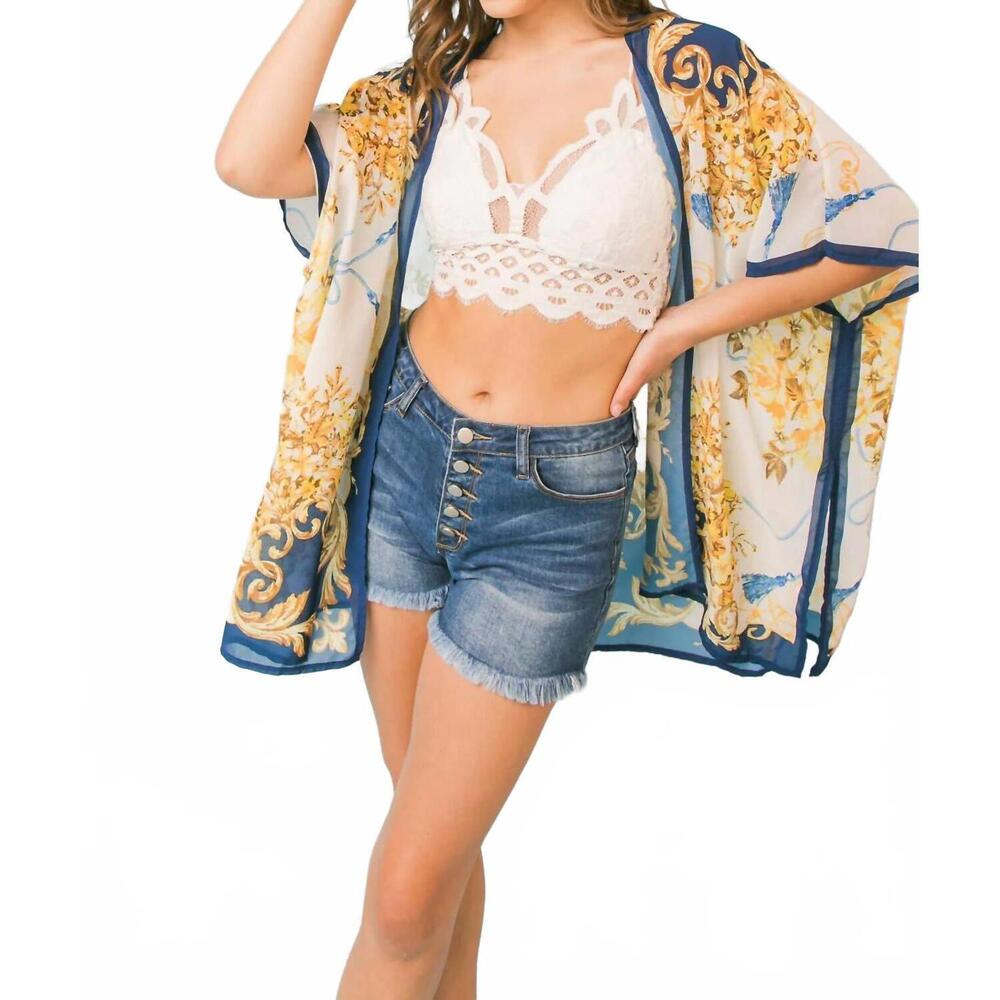 NEW FLYING TOMATO elizabeth scarf print woven cover up kimono in blue multi
